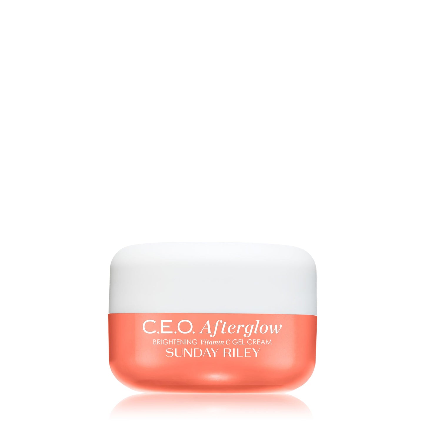 A jar of 'C.E.O. Afterglow' brightening thermodynamic cream by Sunday Riley, with a white lid and a pink label.