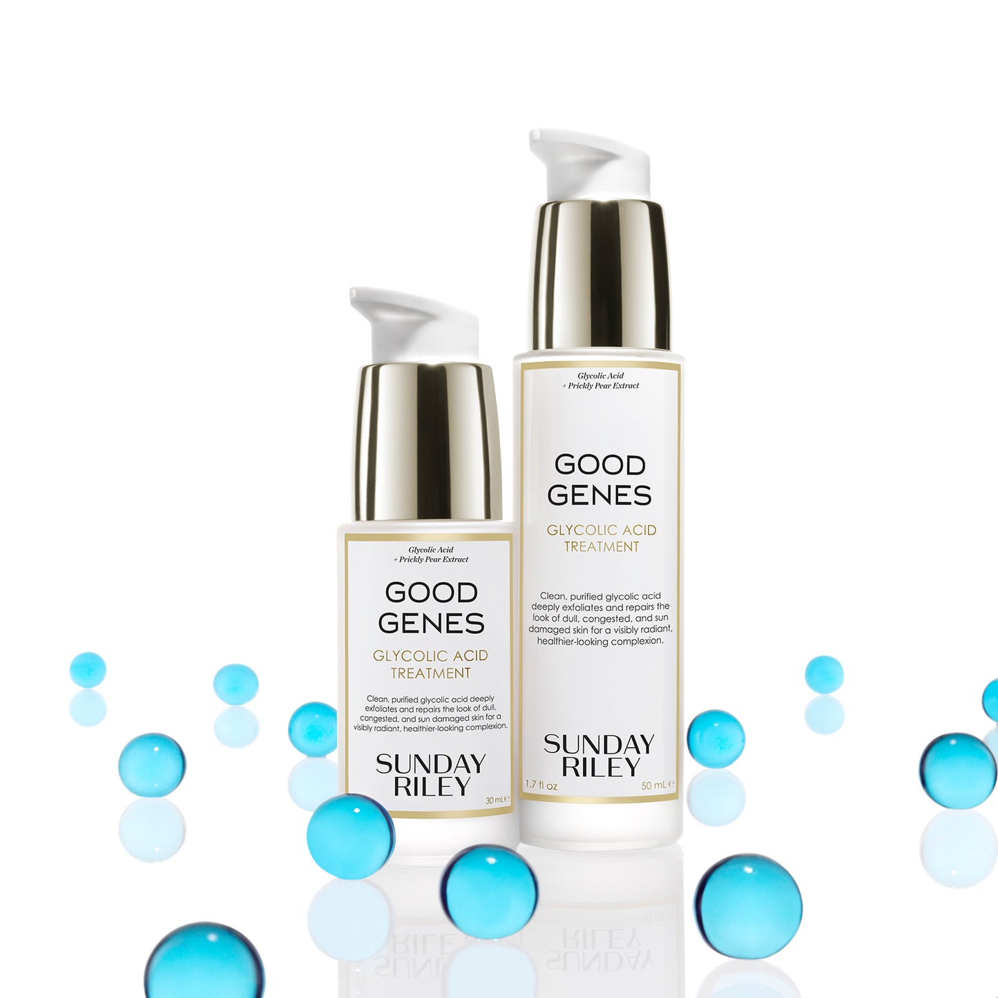 Standing 30mL and 50 mL bottles of Good Genes Glycolic frosted glass bottle with gold cap and white pump with light blue marbles.