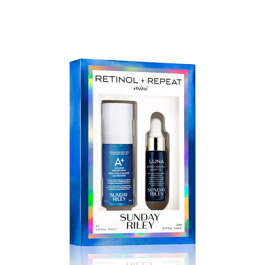 Mini Retinol and Repeat kit pack shot with A+ High Dose Retinoid Serum 8ml and Luna Retinol  Sleeping Night Oil 5ml bottles
