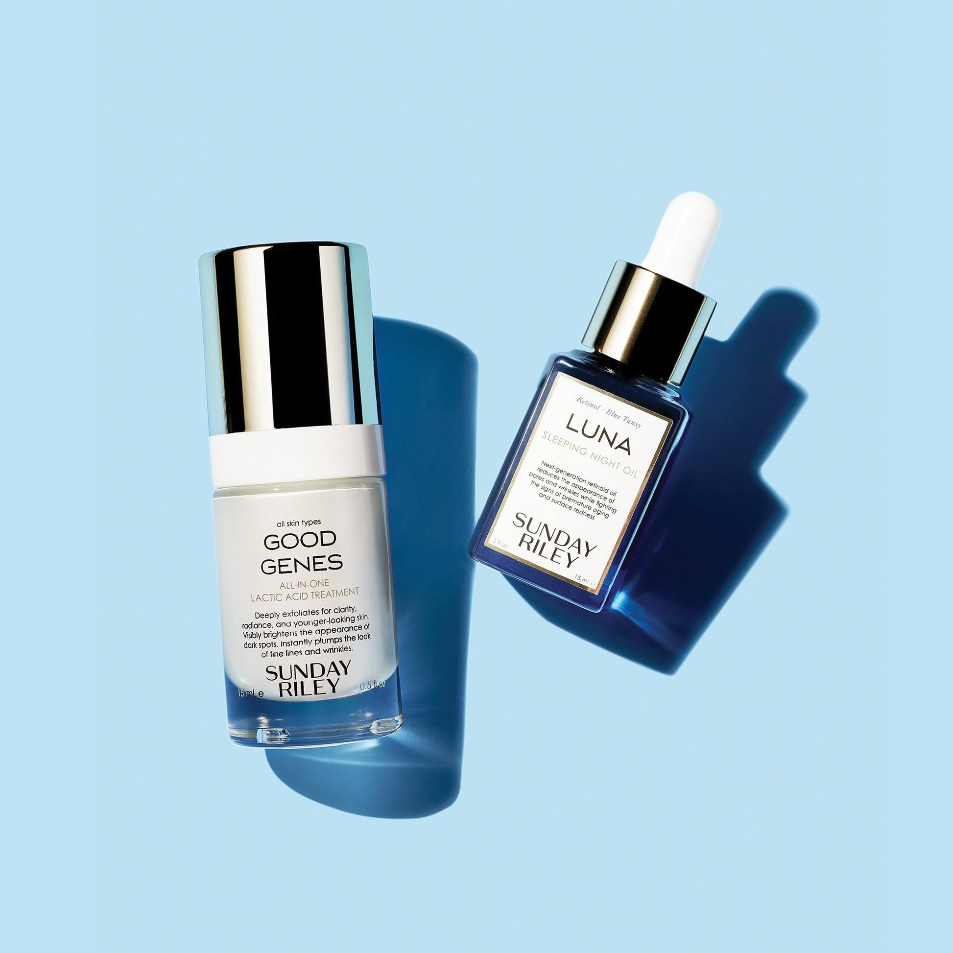 Pale blue background, Good Genes and Luna Night oil