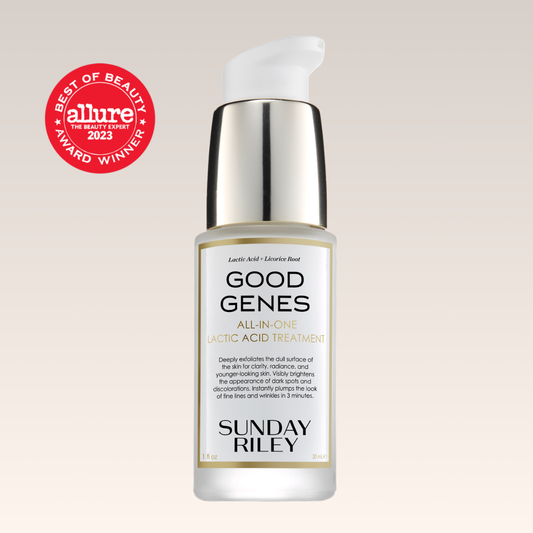Sunday Riley Good Genes All-In-One Lactic Acid Treatment bottle with a white pump and silver cap, shown on a light beige gradient background with an Allure Best of Beauty 2023 award badge.