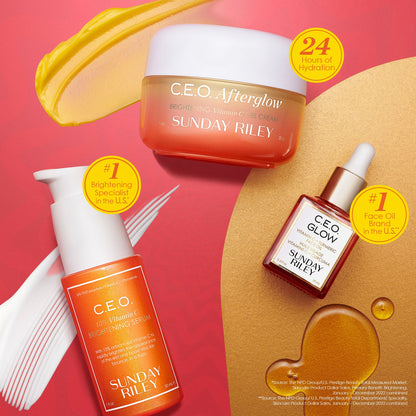 C.E.O. Afterglow Vitamin C Gel Cream, C.E.O. Brightening Serum, and C.E.O. Glow Face Oil showcased on a vibrant red background with key highlights of hydration, brightening, and being the #1 brightening specialist in the U.S.