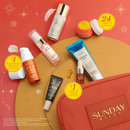 Sunday Riley skincare gift set displayed with products including C.E.O. Glow Face Oil, Ceramic Slip Cleanser, Pink Drink Resurfacing Essence, and Good Genes Treatment, emphasizing 24 hours of hydration and top product accolades.