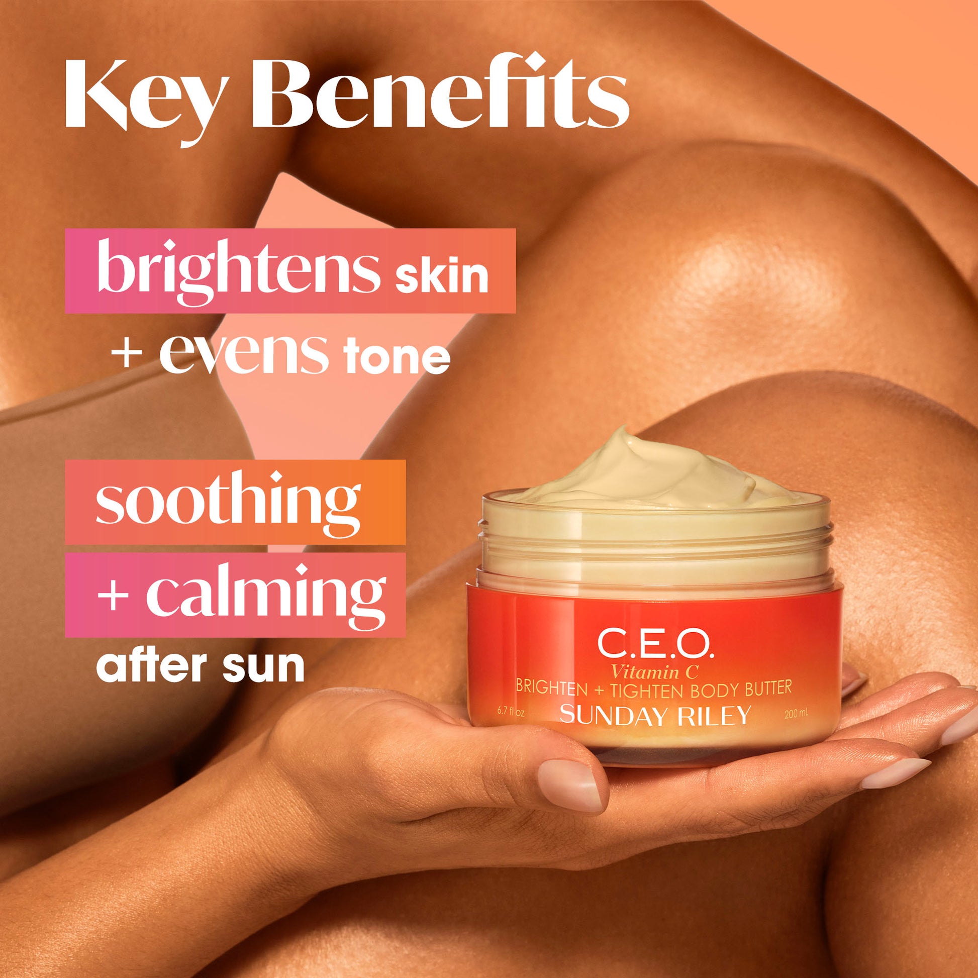 Key benefits of the C.E.O. Vitamin C Body Butter displayed with a model holding an open jar, emphasizing skin brightening, evening tone, and soothing after-sun properties.