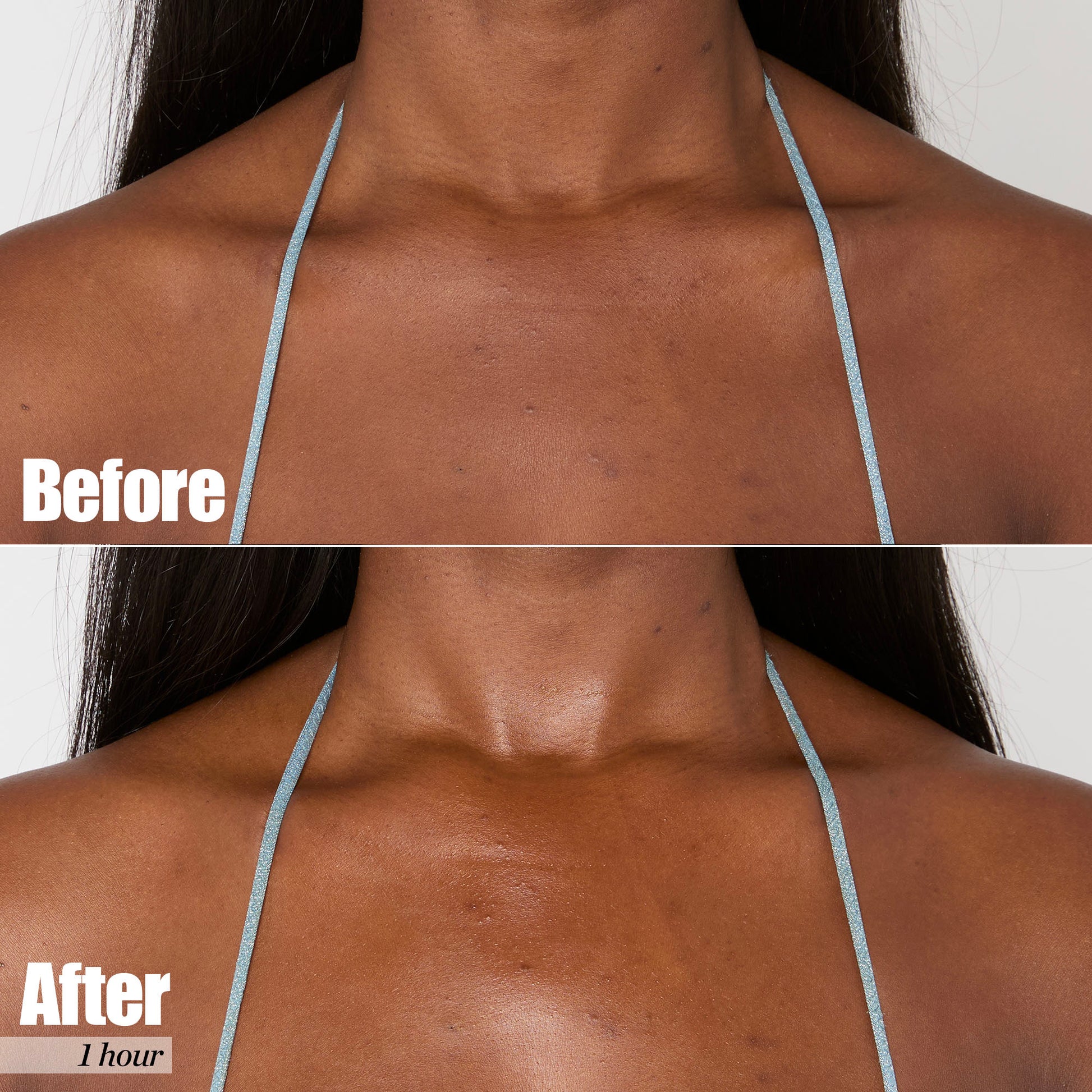 Before and after comparison of a model’s décolleté, showing the visible effects of C.E.O. Vitamin C Body Butter in just one hour, with smoother, brighter skin.