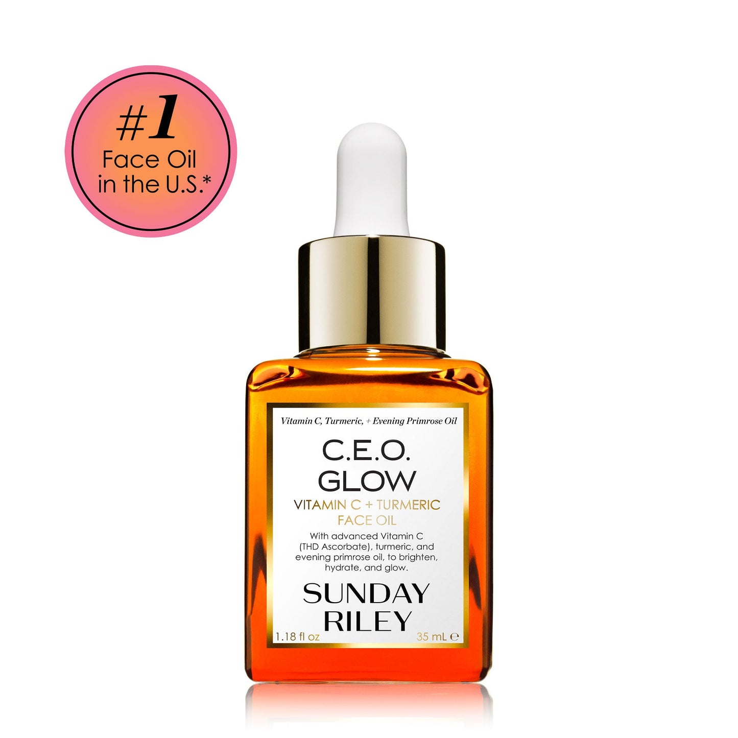 Sunday Riley C.E.O. Glow face oil bottle with dropper on a white background with badge that says "#1 Face Oil in the U.S.*"