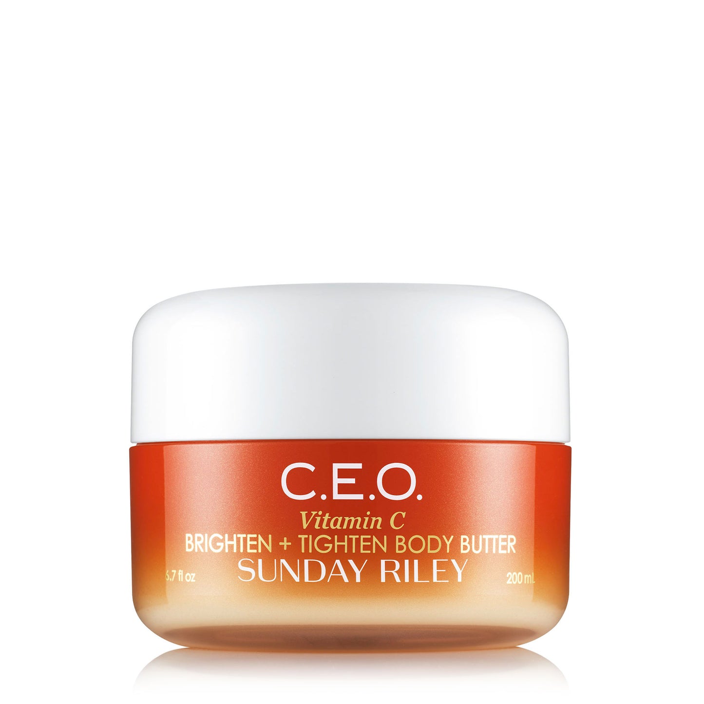 C.E.O. Vitamin C Brighten + Tighten Body Butter by Sunday Riley in its 200 mL jar, featuring an orange and white gradient design with bold white lettering.