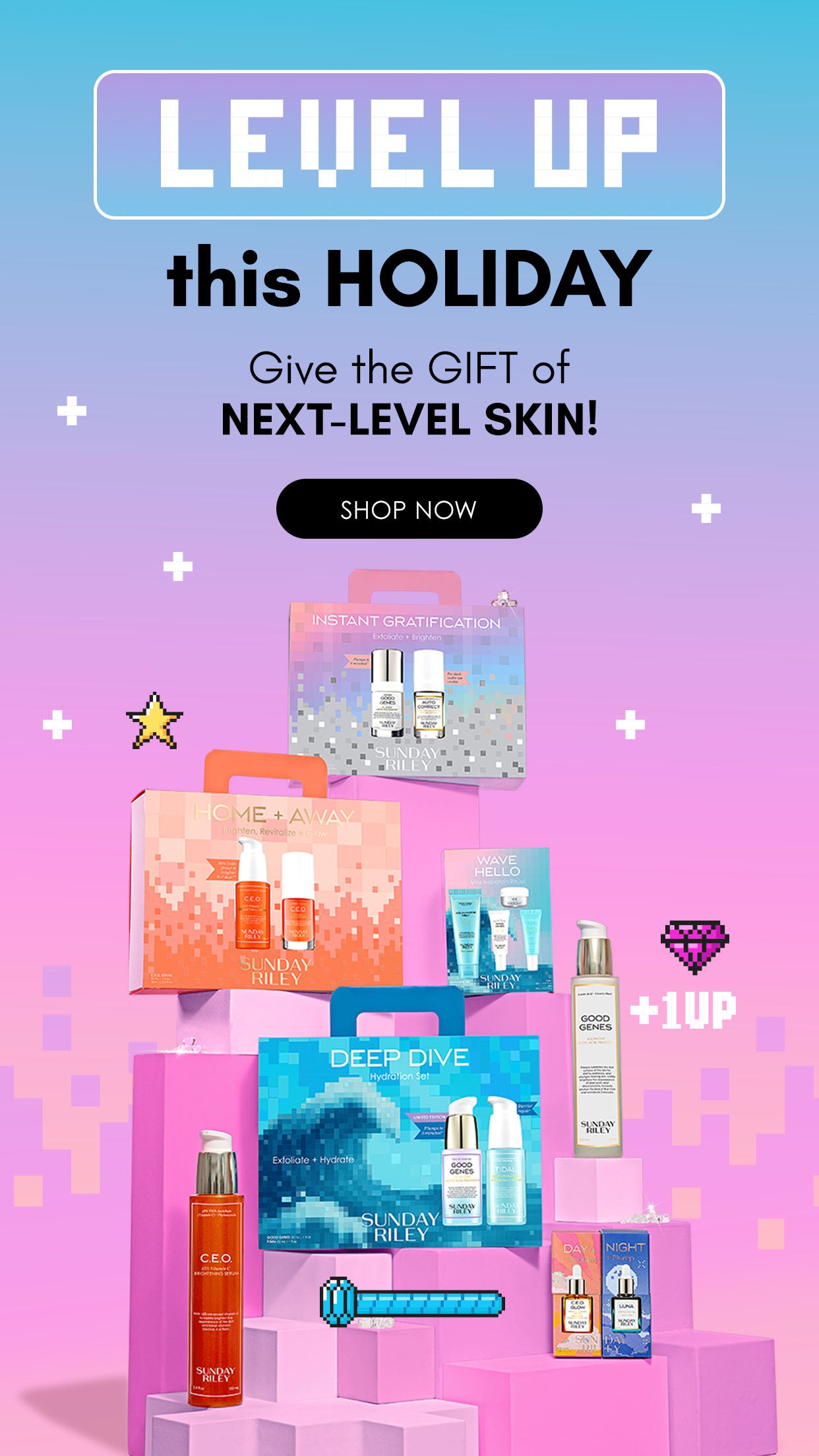 A promotional banner for Sunday Riley's new Aquamarine Melt Hydrating Gel-Balm Cleanser. The ad features a close-up of a woman with makeup melting off her face as she uses the cleanser, alongside a sleek product bottle. The text highlights its ability to dissolve makeup and impurities while leaving the skin glowing. The background is a fresh aquamarine color, complementing the product's branding.