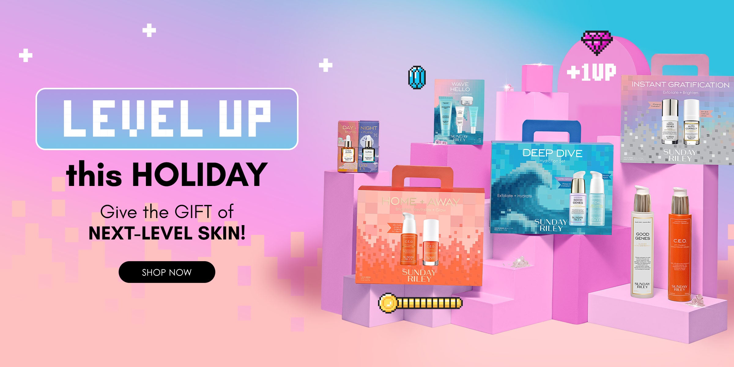 A promotional banner for Sunday Riley's new Aquamarine Melt Hydrating Gel-Balm Cleanser. The ad features a close-up of a woman with makeup melting off her face as she uses the cleanser, alongside a sleek product bottle. The text highlights its ability to dissolve makeup and impurities while leaving the skin glowing. The background is a fresh aquamarine color, complementing the product's branding.