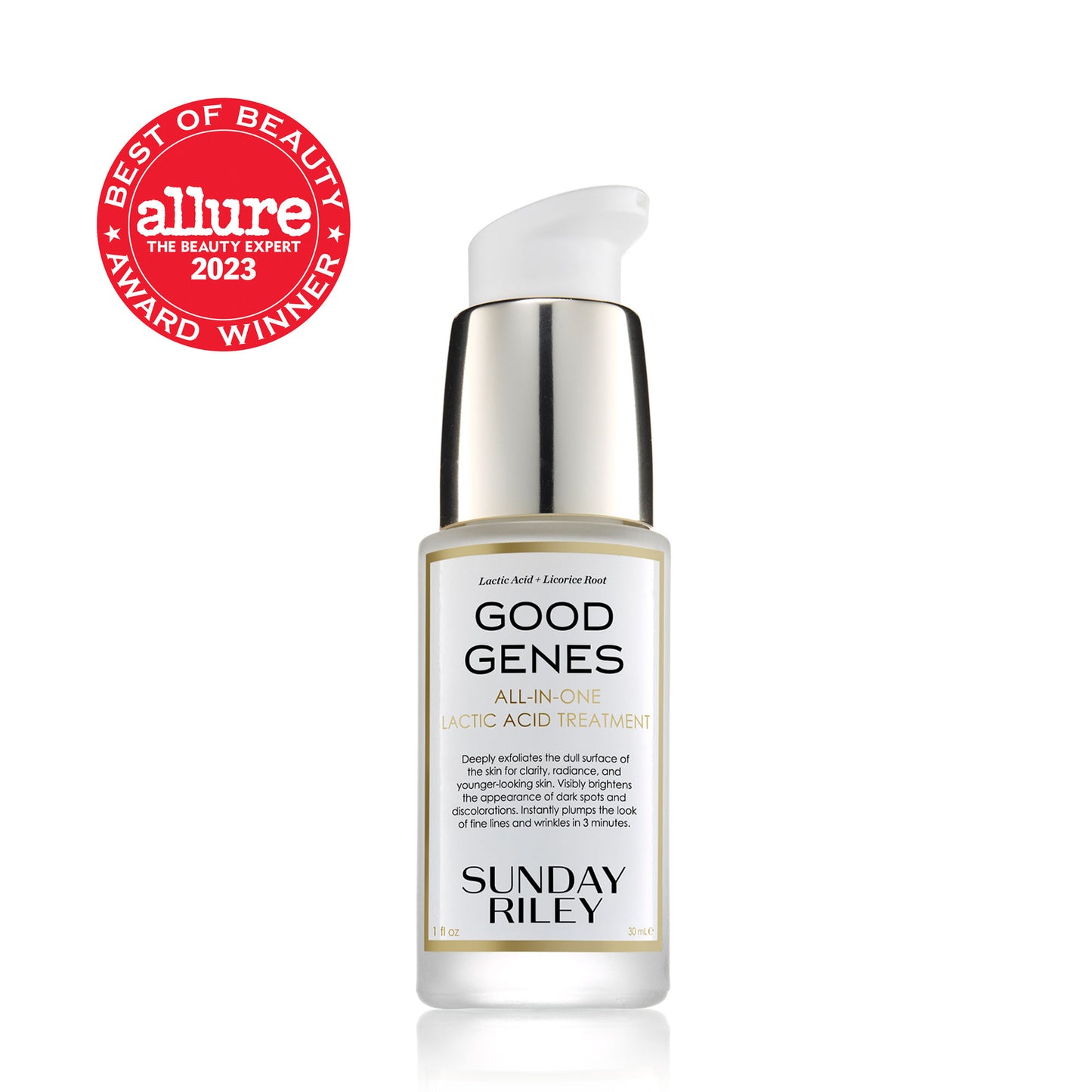 Good Genes Lactic Acid 30ml pack shot with 2023 Allure - BEST OF BEAUTY AWARD WINNER BADGE