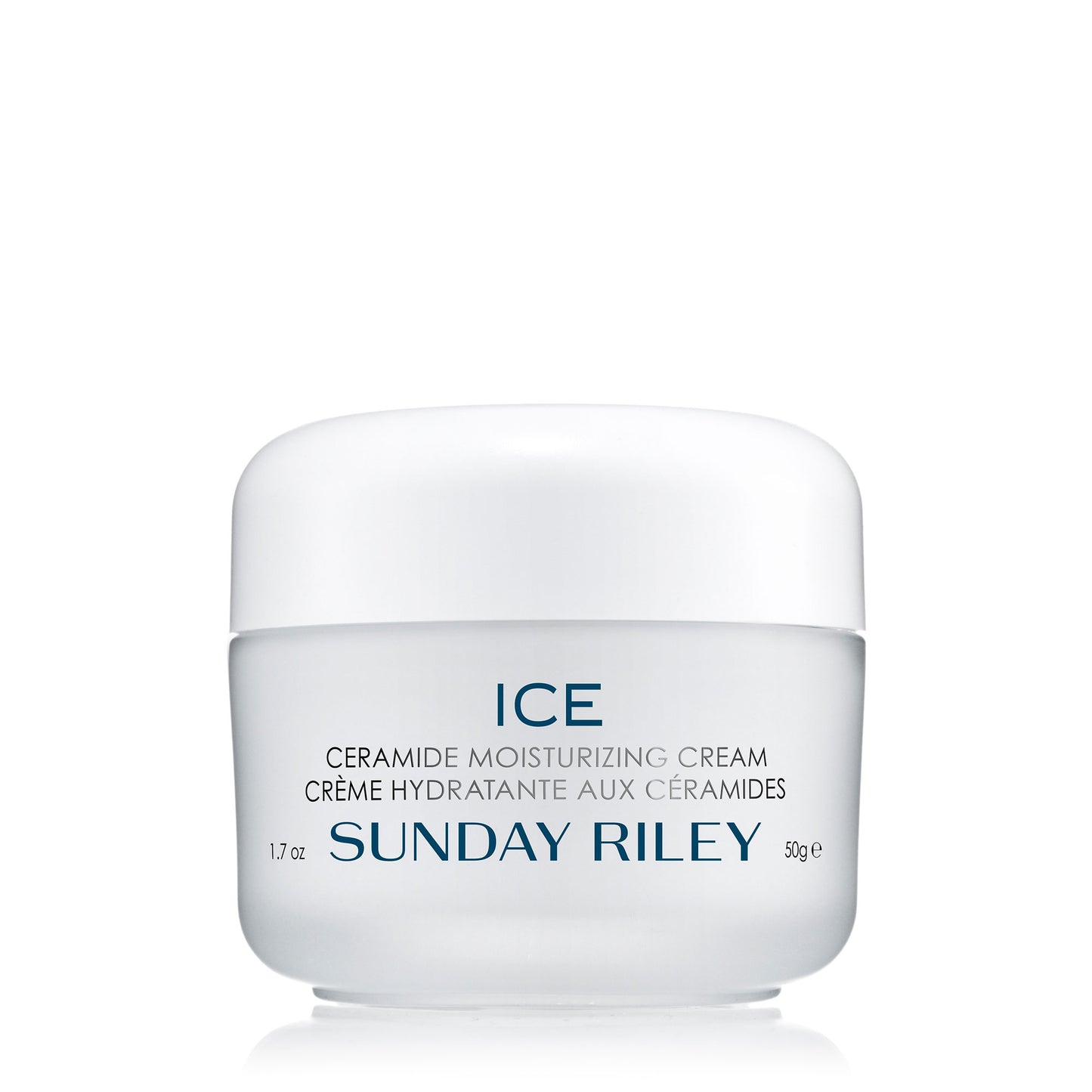 ICE Ceramide Moisturizing Cream by Sunday Riley, a 1.7 oz jar with a sleek, minimal white design featuring blue and black lettering.