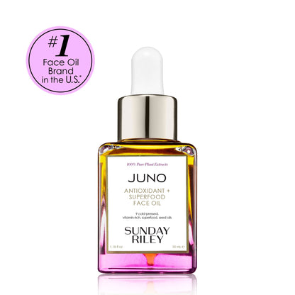 35 ml Juno Superfood face oil, yellow to pink gradient glass bottle With badge that says "#1 Face Oil Brand in the U.S.*"