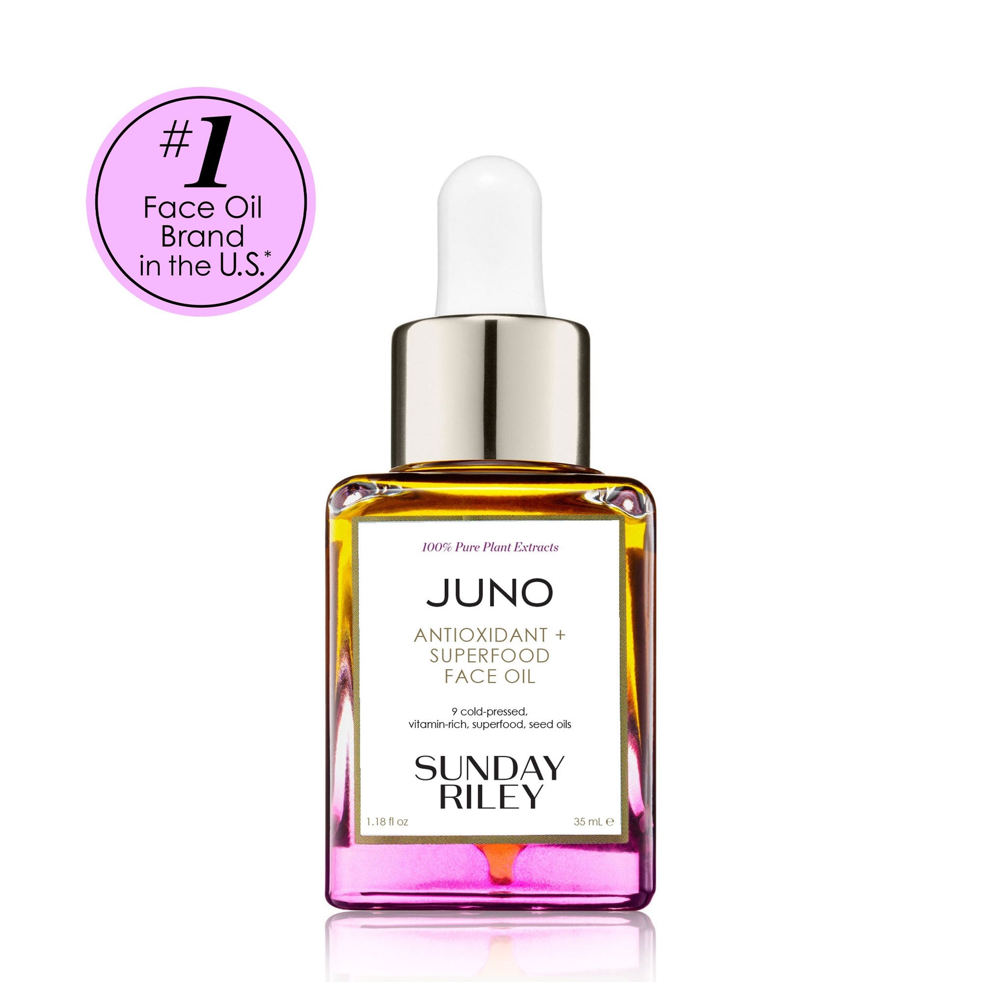 35 ml Juno Superfood face oil, yellow to pink gradient glass bottle With badge that says "#1 Face Oil Brand in the U.S.*"