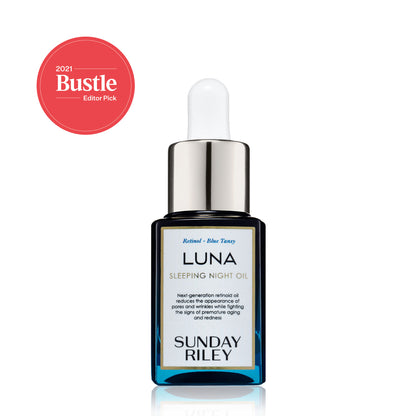 Luna Sleeping Night oil 15ml pack shot with #1 Face Oil in the U.S.* badge - and 2021 Bustle Editor Pick badge