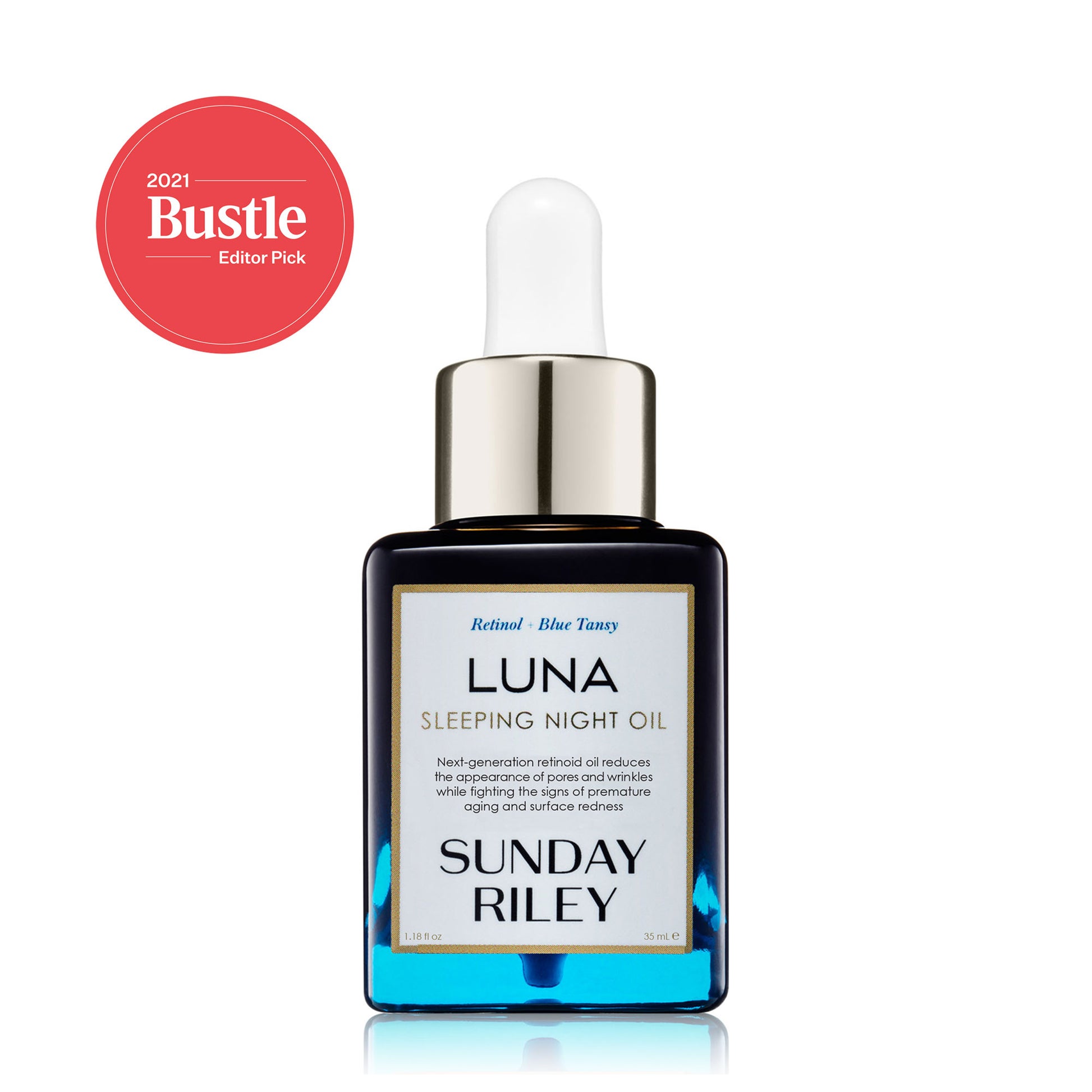 Luna Sleeping Night oil 35ml pack shot with #1 Face Oil in the U.S.* badge - and 2021 Bustle Editor Pick badge