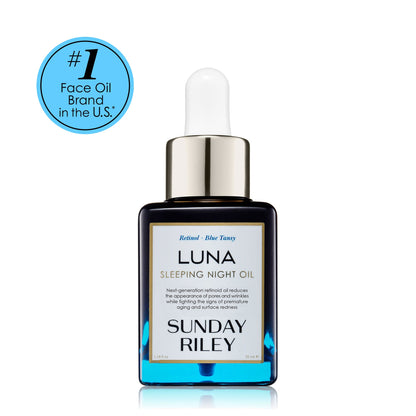 Sunday Riley Luna Sleeping Night Oil bottle with blue label on white background with badge that says "#1 Face Oil Brand in the U.S.*"