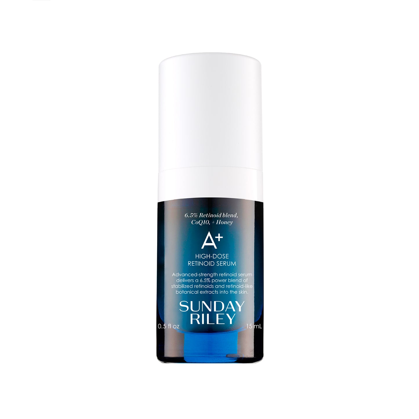 A+ High-Dose Retinoid Serum by Sunday Riley in a 0.5 oz bottle with a gradient blue and white design featuring advanced retinoid blend details.