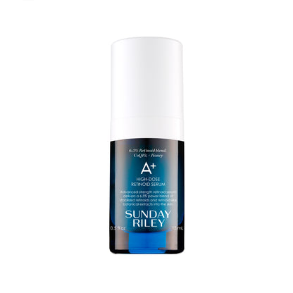 A+ High-Dose Retinoid Serum by Sunday Riley in a 0.5 oz bottle with a gradient blue and white design featuring advanced retinoid blend details.