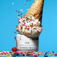 Cone full of real vanilla ice cream and rainbow sprinkles smooshed upside down on top of Ice Ceramide Moisturizing Cream jar