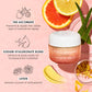 Infographic of C.E.O. Afterglow Brightening Vitamin C Cream on pink background, with orange, grapefruit slices, and aloe vera. Copy says "thd ascorbate-prevents & repairs the visible signs of premature aging" "sodium hyaluronate blend - attracts & binds water for increased skin hydration" "lutein - delivers a boost of antioxidants"