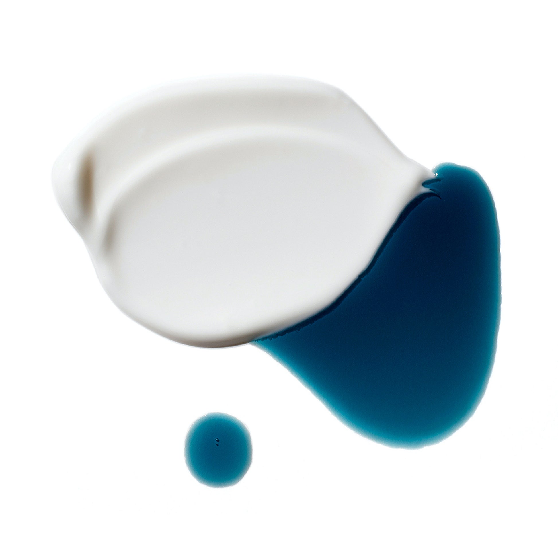 C.E.O. Serum white goop touching the dark blue oil drop on a white background