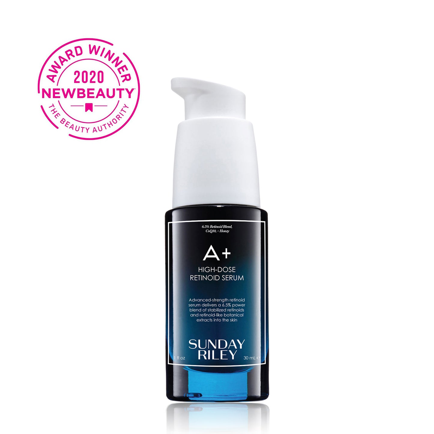 A+ High-Dose Retinoid Serum 30ml pack shot with 2020 NEWBEAUTY -THE BEAUTY AUTHORITY - AWARD WINNER BADGE