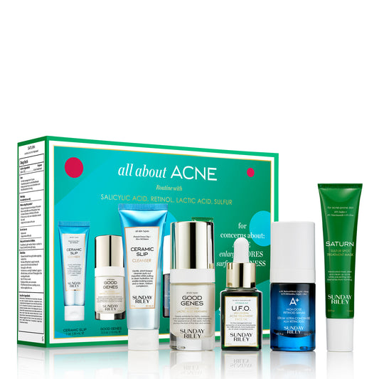 All About Acne kit pack shot with Ceramic Slip, Good Genes Lactic Acid, U.F.O, A+ and Saturn bottles