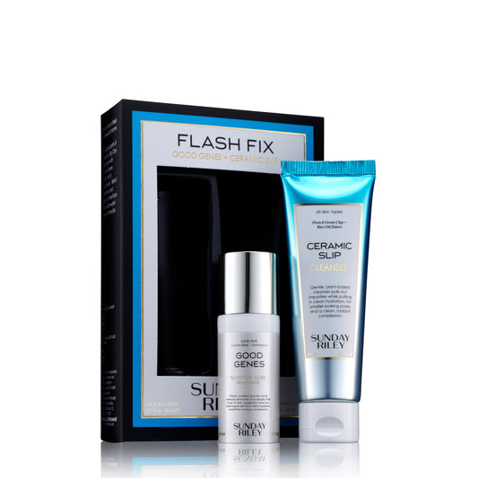Flash Fix Kit Glycolic version pack shot with Good Genes and Ceramic Slip bottles