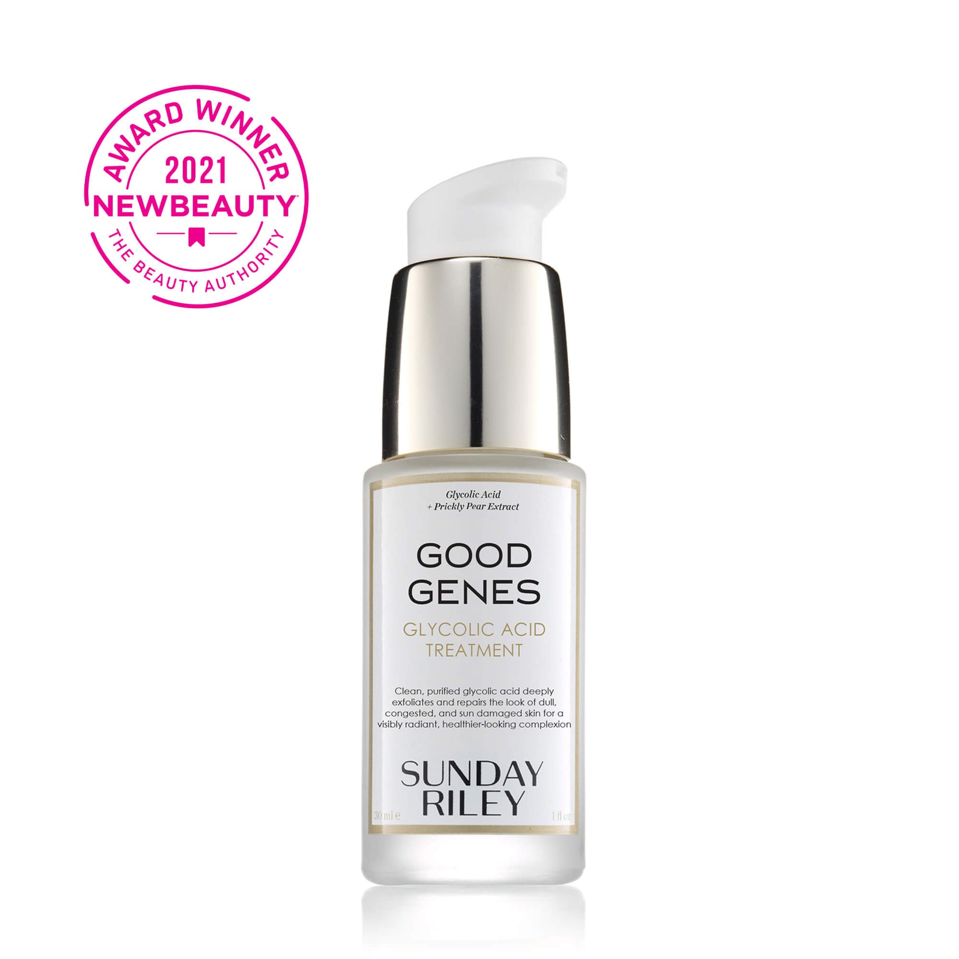 Good Genes Glycolic 30ml pack shot with 2021 NEW BEAUTY - THE BEAUTY AUTHORITY AWARD WINNER BADGE