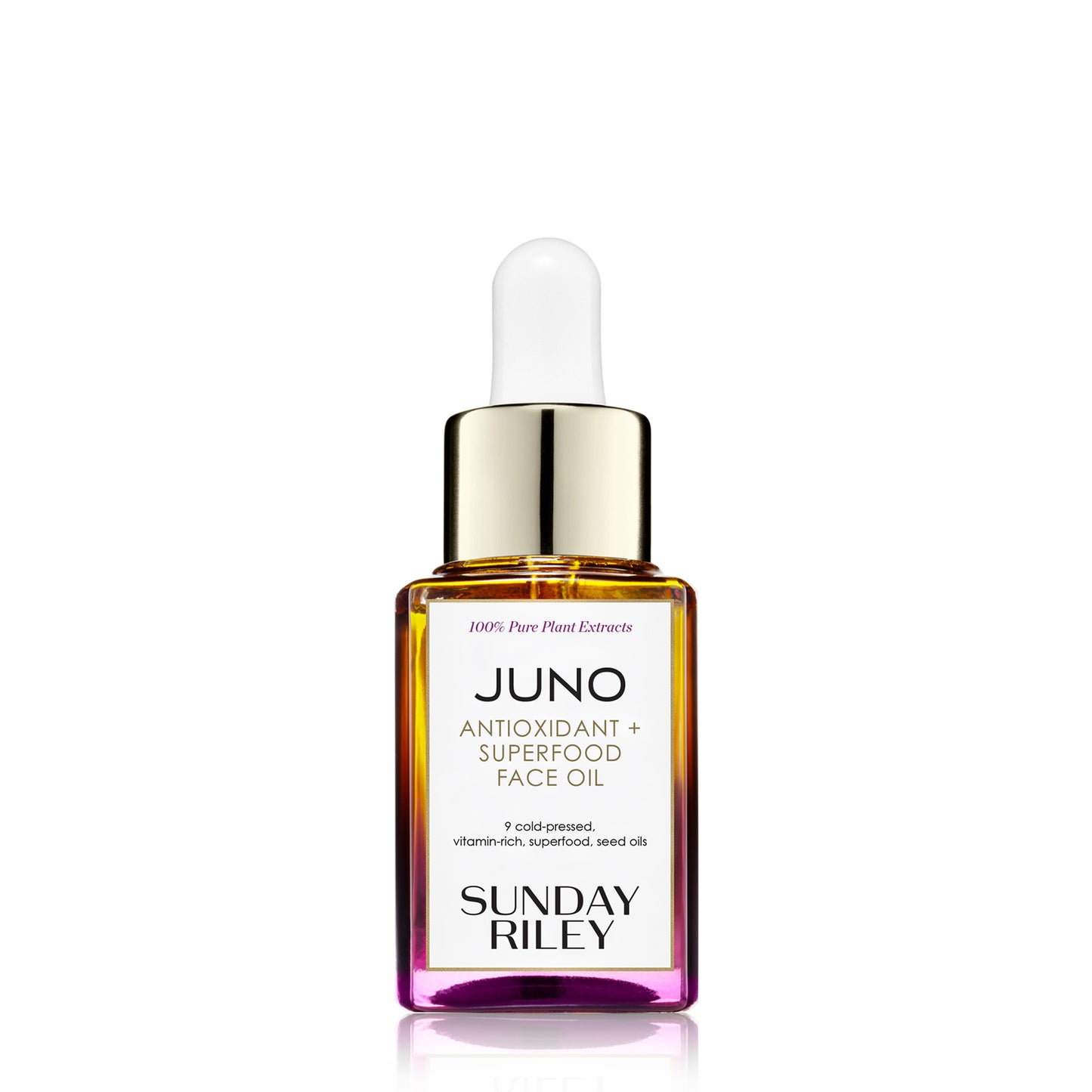 Juno Antioxidant and Superfood face oil, yellow to pink gradient glass bottle with silicon dropper
