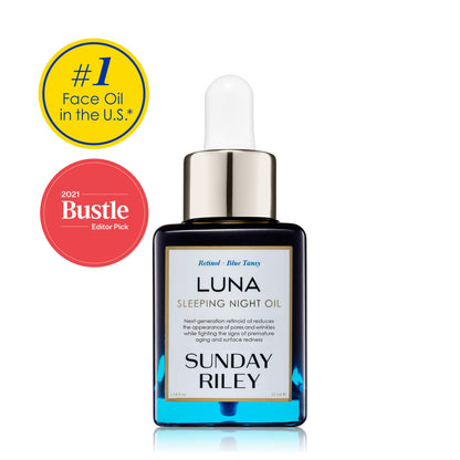 Luna Sleeping Night oil 35ml pack shot with #1 Face Oil in the U.S.* badge - and 2021 Bustle Editor Pick badge