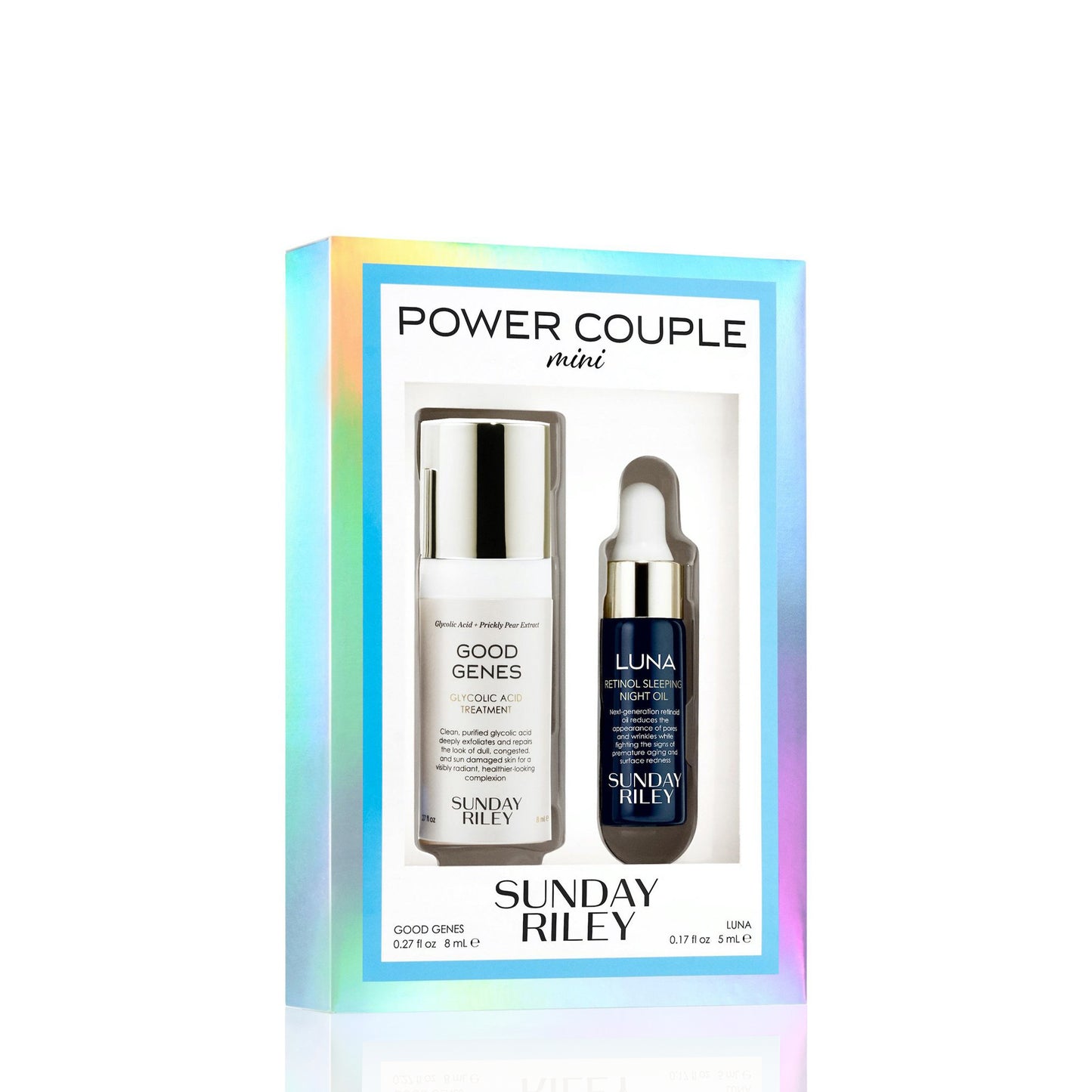 Power Couple Mini kit pack shot with Good Genes Glycolic Acid Treatment 8ml and Luna Retinol Sleeping Night Oil 5ml