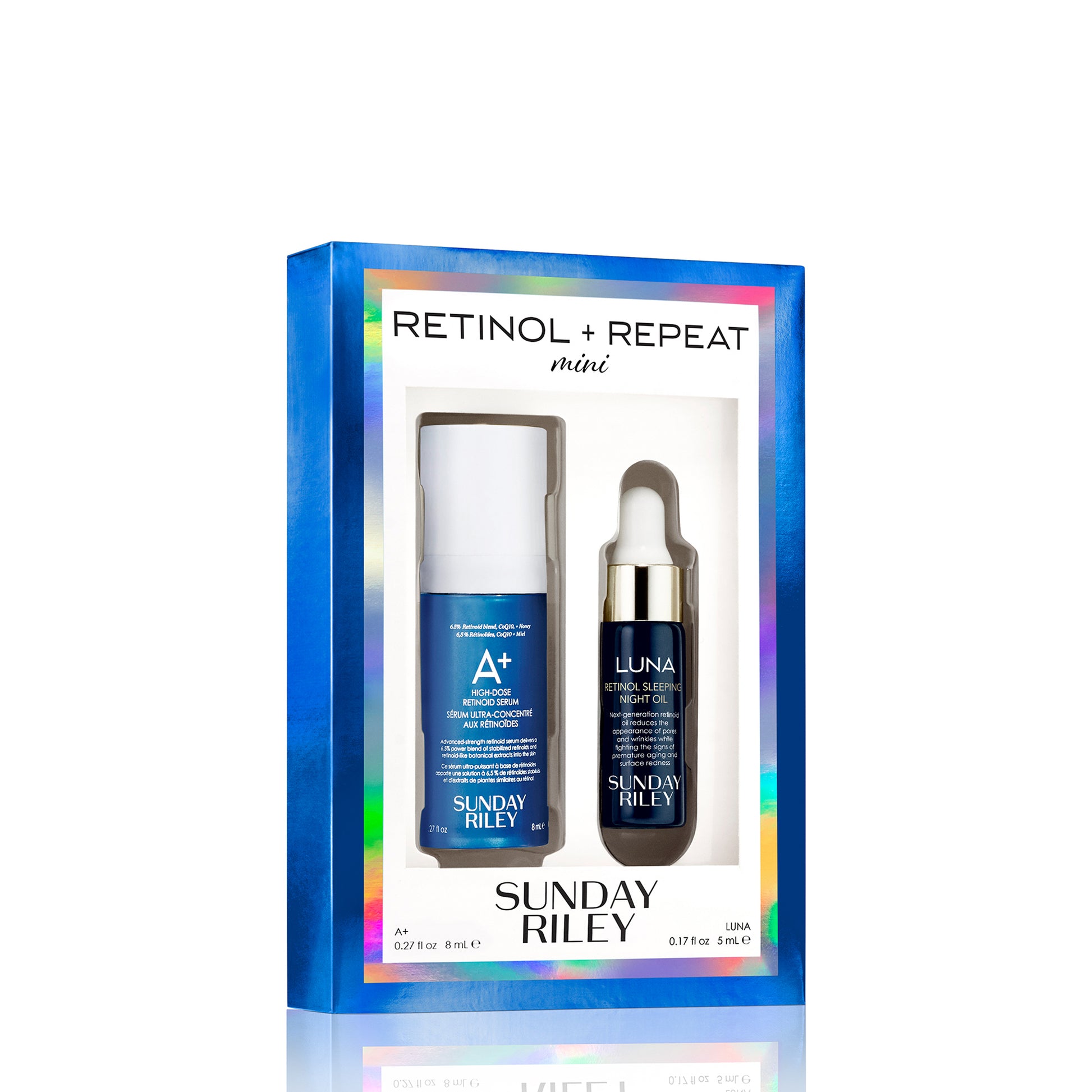 Mini Retinol and Repeat kit pack shot with A+ High Dose Retinoid Serum 8ml and Luna Retinol  Sleeping Night Oil 5ml bottles