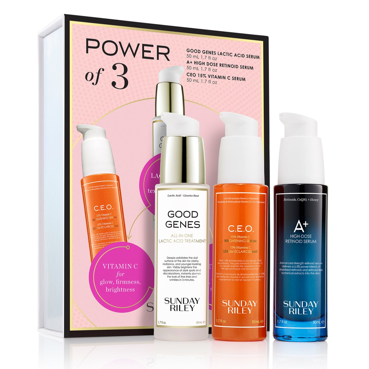 Power of 3 kit pack shot with Good Genes, C.E.O. Serum and A+ bottles