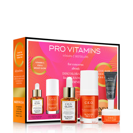 Pro Vitamins kit pack shot with C.E.O. Glow, C.E.O. Serum, Auto Correct and C.E.O. Cream bottles