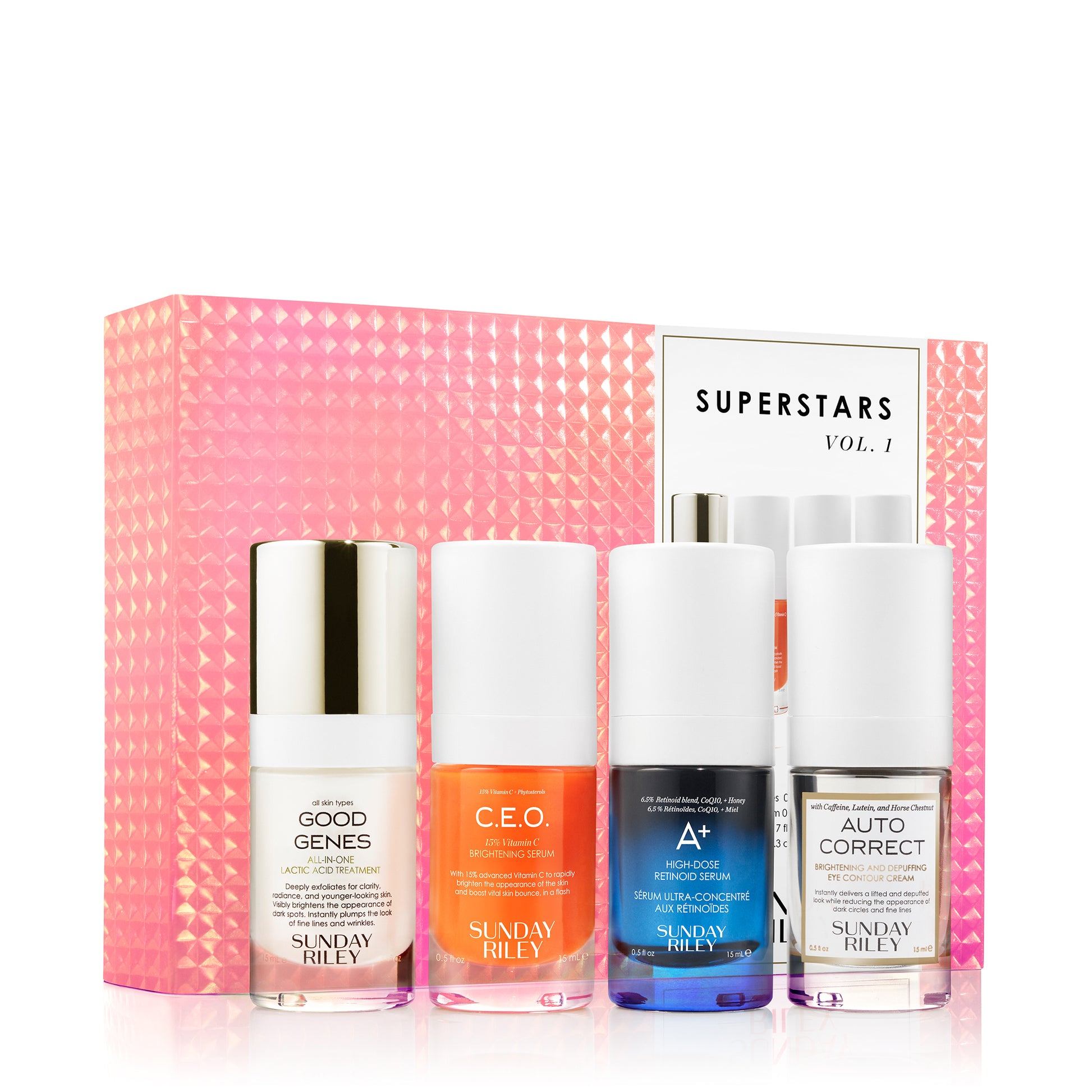 Superstars Vol.1 pack shot with Good Genes, C.E.O. Serum, A+ and Auto Correct bottles